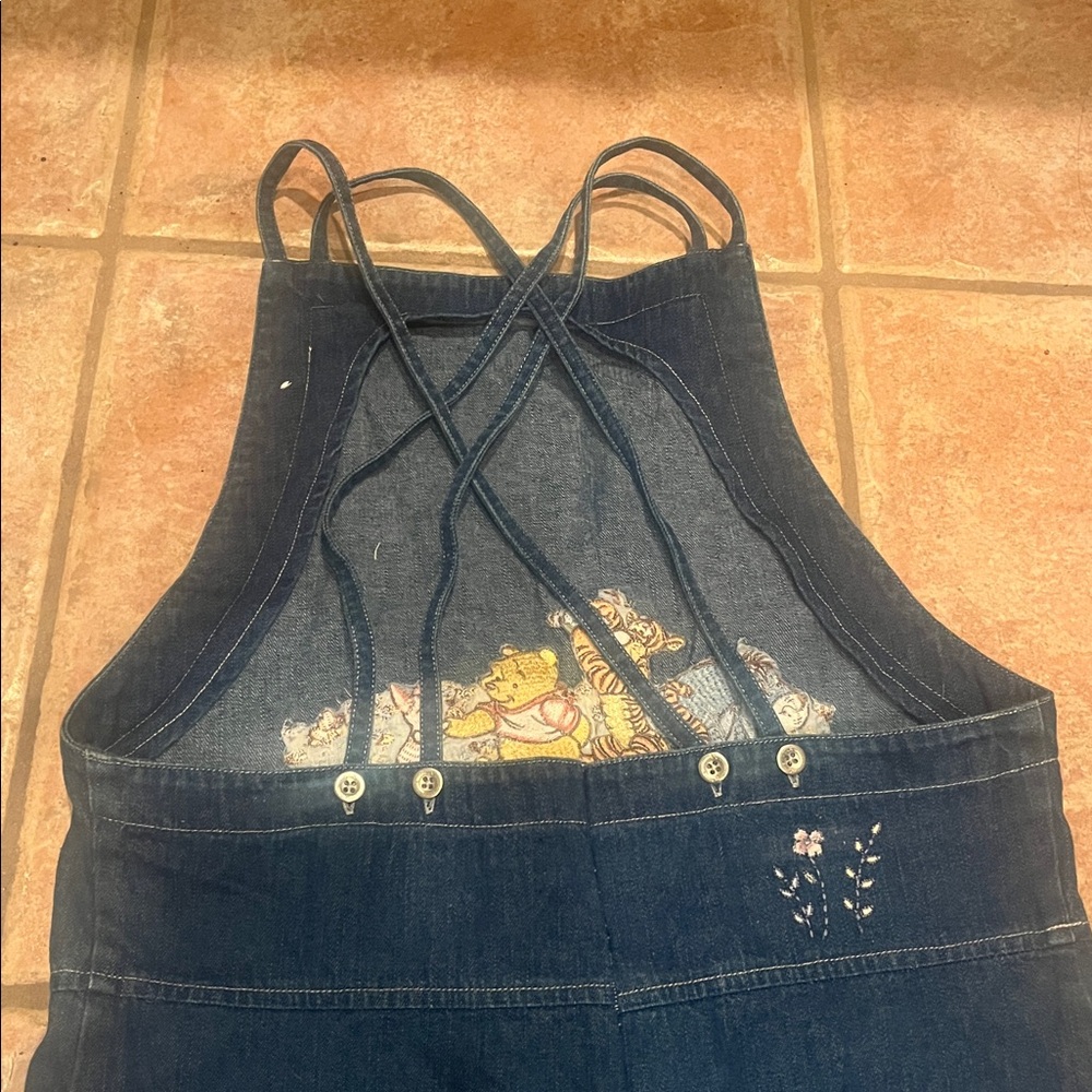 Vintage Disney Pooh Bear Floral Embroidered Denim Apron Dress. No tag SMALL - Picture 4 of 7